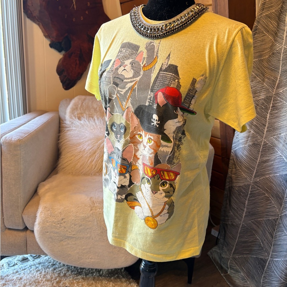 Butter Yellow Tony Hawk Vintage Tee Shirt Hip Hop Bling Cats Kitten Skater Small